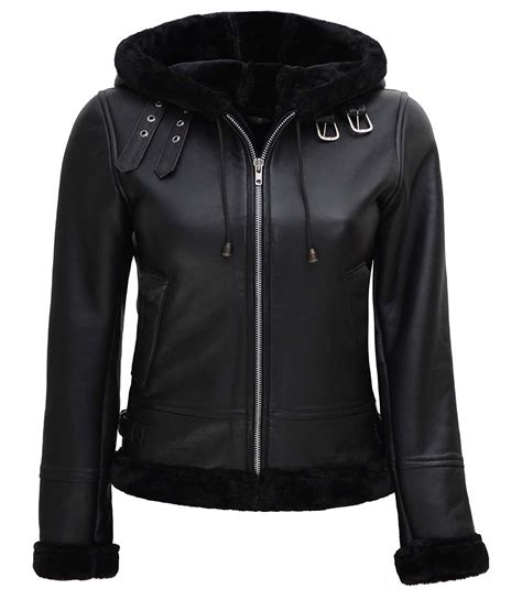Womens Fur Hooded Black Leather Jacket Aviator In Australia