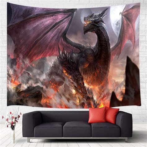 Fantasy Dragon Tapestry Wall Hanging Majestic Dragon Flying On Forest