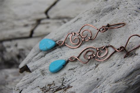 Copper And Turquoise Howlite Dangle Earrings Long Dangle Wire Etsy