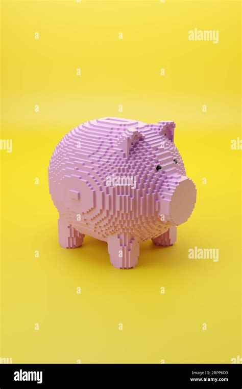 Piggy Bank Pixel Art Style Isolated On Yellow Background 3d