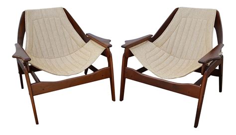 Vintage Mid Century Jerry Johnson Walnut Sling Lounge Chairs A Pair On