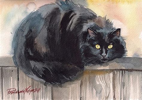 Fuzzy Black Cat Painting By Yuliya Podlinnova