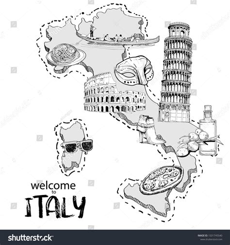 Italy Travel Map Attraction Symbols Tourist Stock Vector Royalty Free