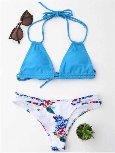 Halter Floral String Bikini Set In Lake Blue Zaful 2023