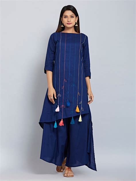 Buy Blue Hand Embroidered Cotton Mulmul Asymmetric Kurta With Flared