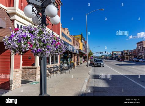 Flowers Along Main Street In Downtown Kalispell Montana Usa Stock
