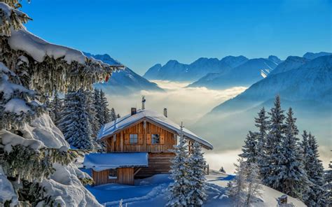 Winter wonderland landscape painted by watercolor vector. Cabin in the Winter Mountains HD Wallpaper | Background ...