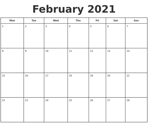 Print out your favorite february 2021 calendar template or you can even download all of them and create your own monthly calendar by adding holidays and events on them. February 2021 Print A Calendar