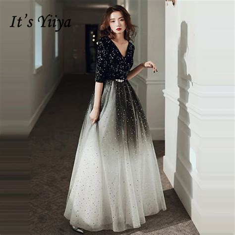 it s yiiya evening dress for women gradient black shining evening dresses v neck formal gowns