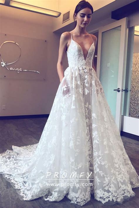 Floral Lace And Tulle Plunging Neckline Wedding Gown Promfy