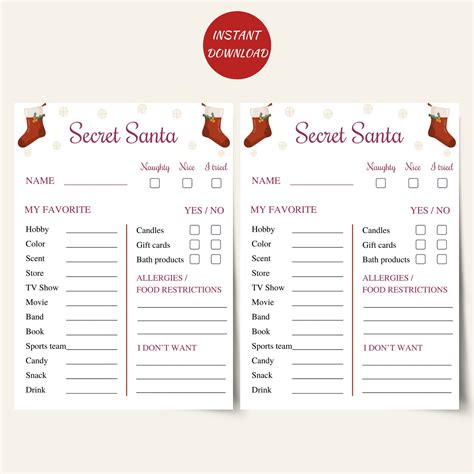 Printable Secret Santa Questionnaire 5x7 Work Secret Santa Info Cards