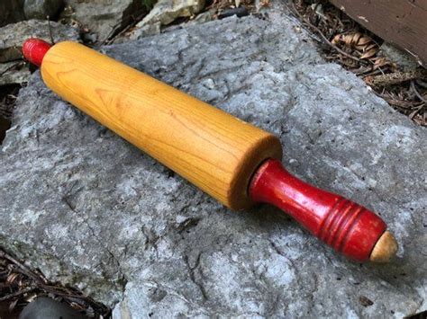 Vintage Wood Rolling Pin Red Handles Rustic Farmhouse Kitchen Etsy