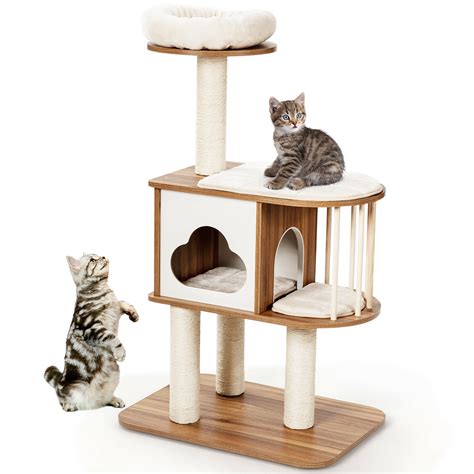 Gymax 46 Modern Wooden Cat Tree With Platform And Washable Cushions For