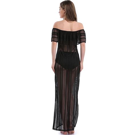 Sexy Black Stripe See Through Fishnet Lace Off The Shoulder Cover Up N14144