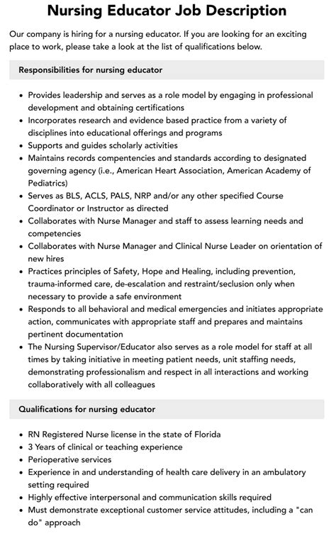 Nursing Educator Job Description Velvet Jobs