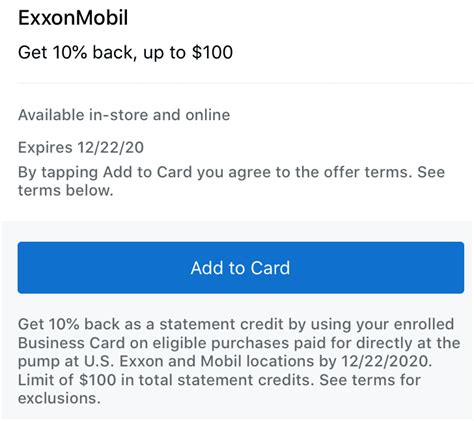 Take advantage of the smartest way to fuel with the exxonmobil smart card or exxonmobil business card. AmEx Offers: Get 10% Back At Exxon, Up To $100 Savings ...