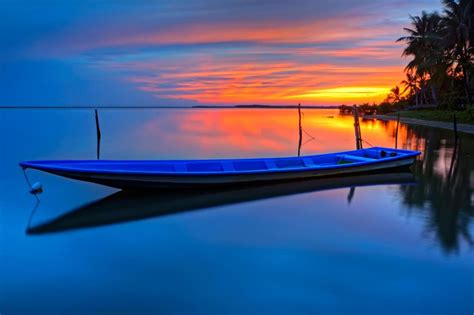 Wallpaper Boat Ocean Palm Trees Sunset Hd Widescreen High