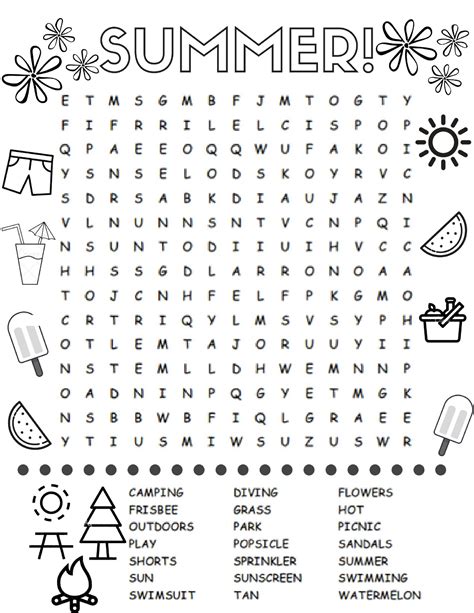 Kids Summer Word Search Printable