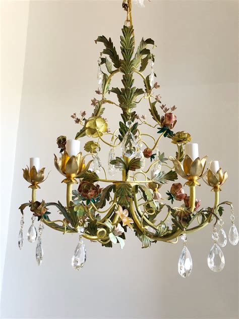 Italian Wrought Iron Floral Chandelier Gold Leaf Birdcage Etsy Australia