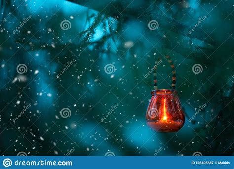 Candle Lantern In Snowfall Christmas Time Stock Image Image Of Glass