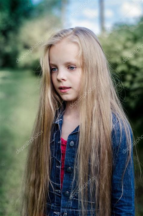Portrait Of A Beautiful Blonde Little Girl With Long Hair — Stock