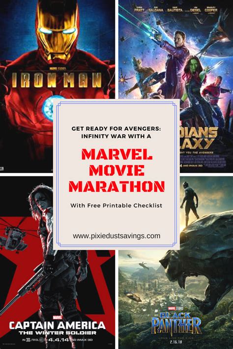 If you want some other movie marathon ideas, here are a few more suggestions for marathons to keep you entertained. Marvel Movie Marathon with Free Printable Checklist ...