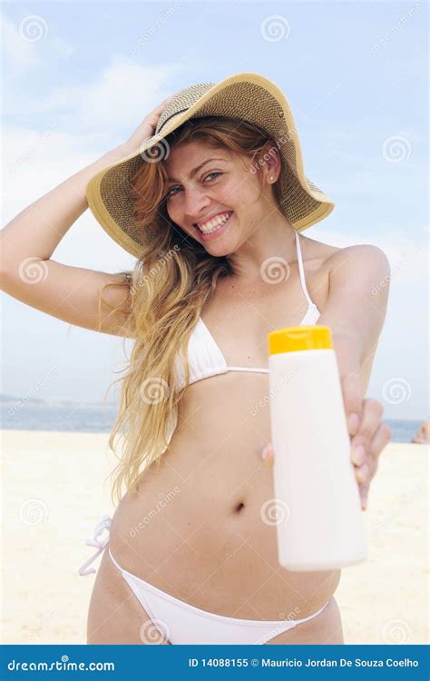 Woman Applying Suntan Lotion At The Beach Stock Image Image Of Blonde Female