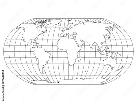 World Map In Robinson Projection With Meridians And Parallels Grid White Land With Black