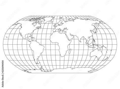 World Map In Robinson Projection With Meridians And Parallels Grid