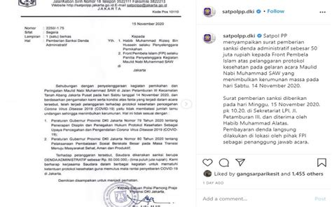 Terkuak! Ini Isi Surat Peringatan Satpol PP DKI ke FPI Soal Denda Rp50