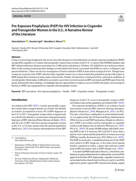 pdf pre exposure prophylaxis prep for hiv infection in cisgender and transgender women in