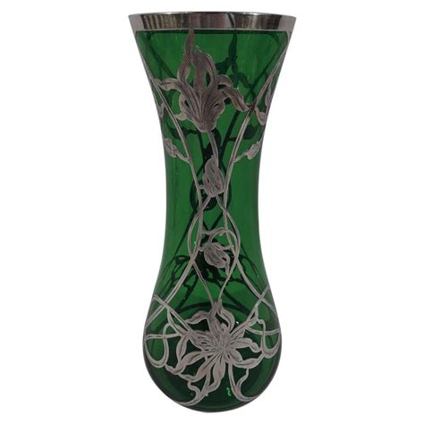 Antique American Art Nouveau Green Glass Silver Overlay Vase For Sale At 1stdibs Silver