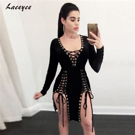 Laceyce 2018 New Women Full Bandage Dress Black V Neck Hollow Out Vestidos Cross Tips Back