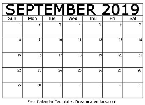 Printable September 2019 Calendar By Dream Calendars On Codepen