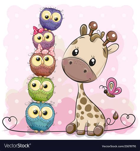 Cute Cartoon Giraffe And Owls Royalty Free Vector Image