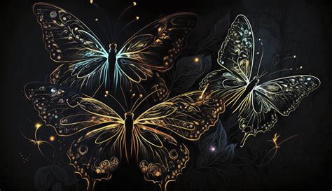 Night Glowing Butterflies On Dark Abstract Background Generate Ai