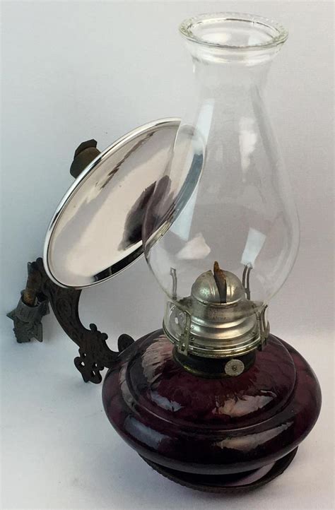 Antique 1800 S Amethyst Oil Lamp W Ornate Iron Base Mercu