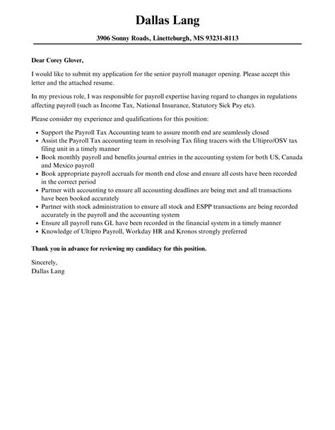 Senior Payroll Manager Cover Letter | Velvet Jobs