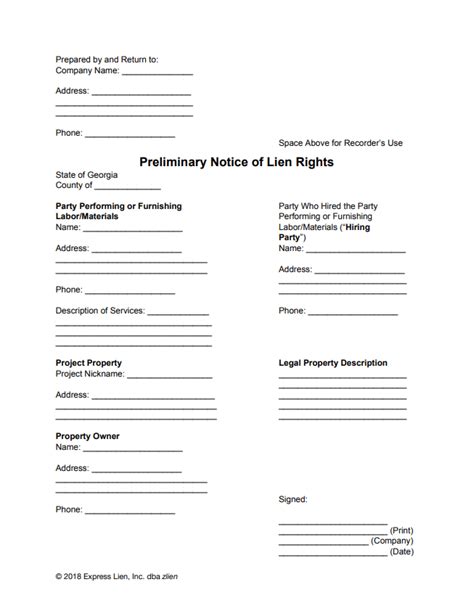 Georgia Preliminary Notice Of Lien Rights Form Free Download