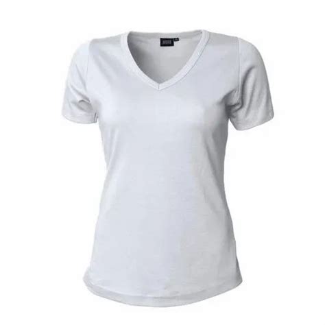 Polyester And Loop Knit Half Sleeve Plain White Women V Neck T Shirt At