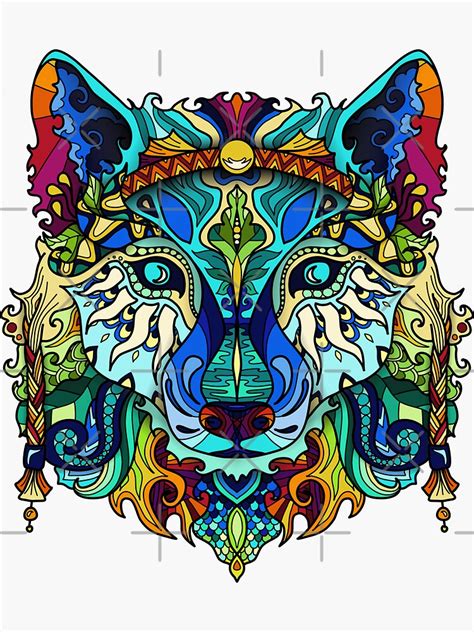 Shaman Wolf Colourful Animal Mandalas Sticker By Seraphinearts