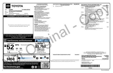 Window Sticker for 2023 Toyota Camry Hybrid Le Cvt (Natl)