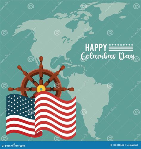 Happy Columbus Day Celebration With Ship Rudder And American Continent