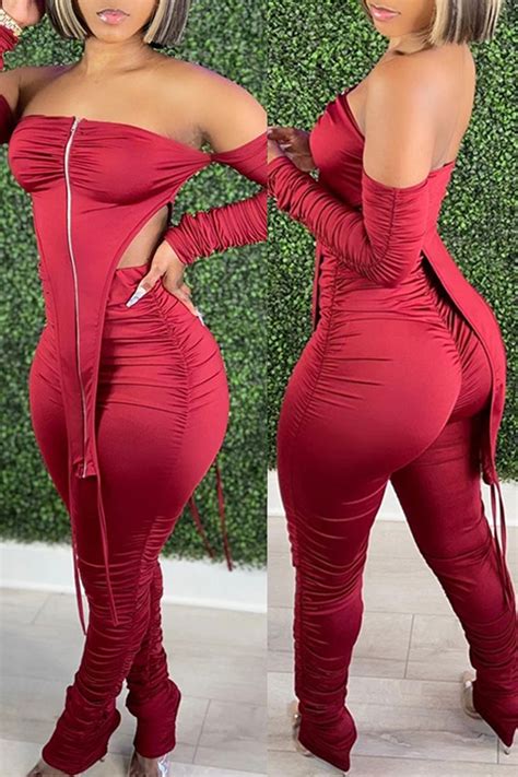 Wholesale Red Sexy Solid Split Joint Asymmetrical Zipper Off The Shoulder Long Sleeve Two Pieces