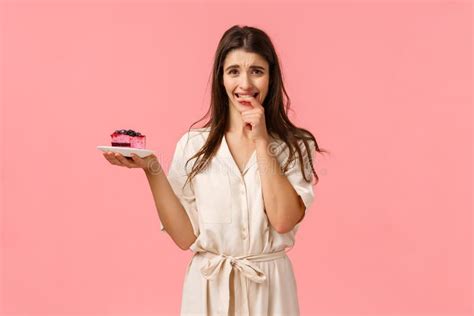 Maybe Just One Bite Tempting And Eager Brunette Woman Want Try Tasty Piece Cake Holding