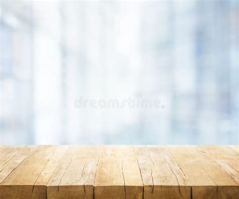 Wood Table Top On Blur White Glass Wall Background Stock Photo Image