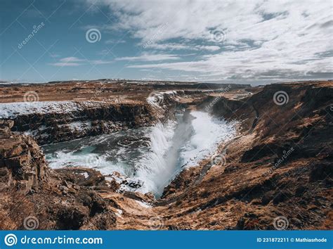 Gullfoss Waterfall View In The Canyon Of The Hvita River During Winter