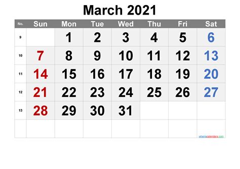 Printable Calendar 2021 March