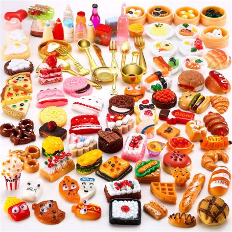 Sumind 100 Pieces Miniature Food Drinks Toys Mixed Pretend Foods For Dollhouse
