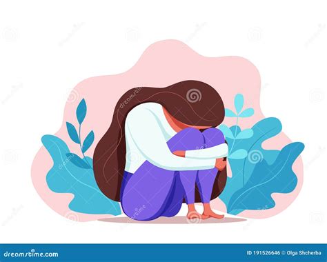 Depressed Sad Lonely Woman In Anxiety Sorrow Vector Cartoon